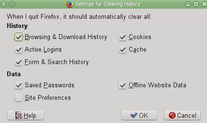 Settings to automatically clear data when Firefox closes