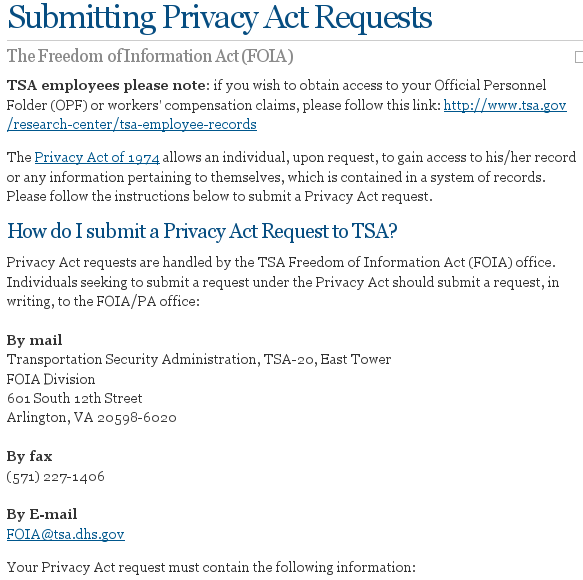 Instructions for submitting a privacy act request to the TSA.
