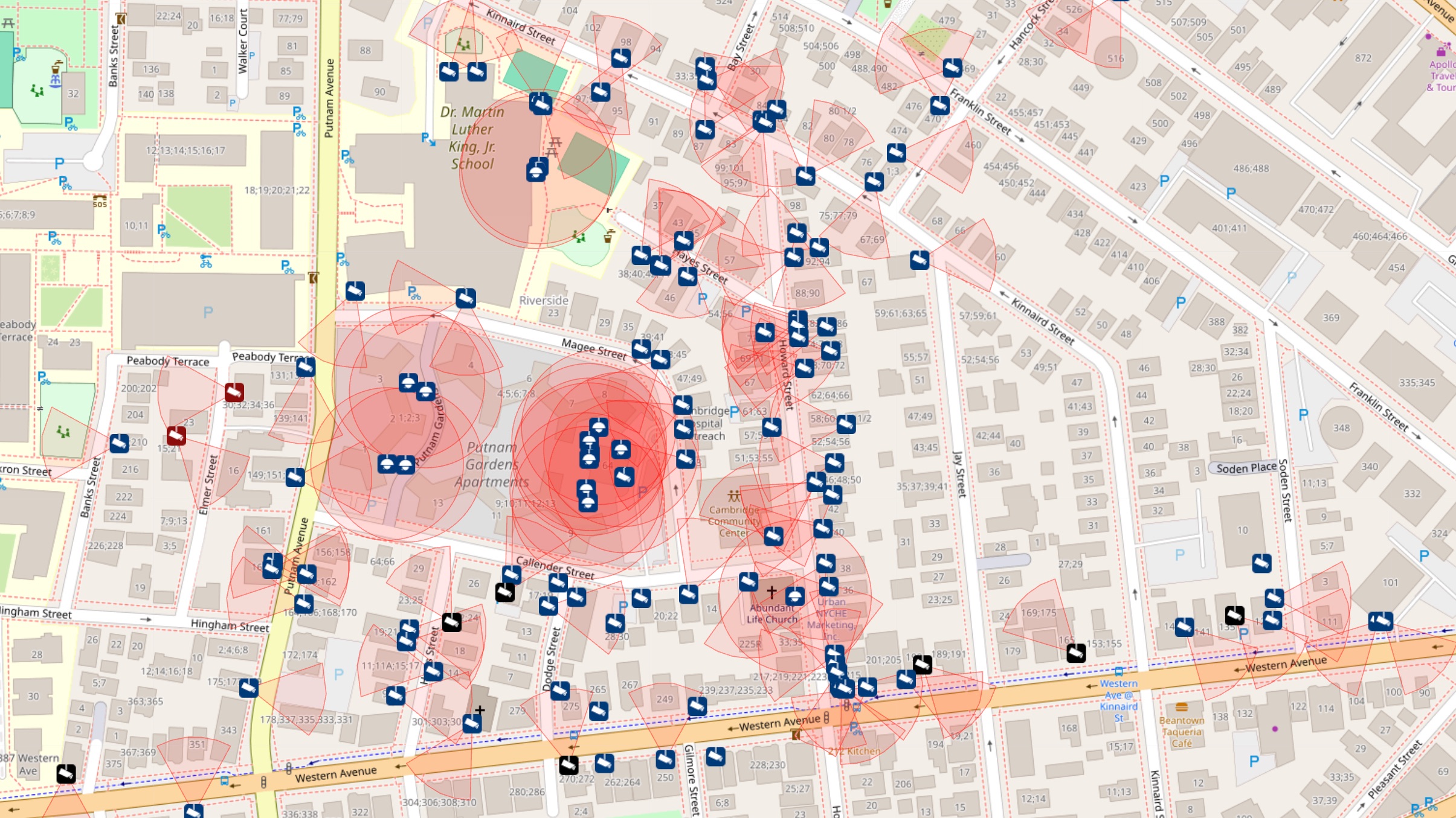 Surveillance cameras around the Cambridge Community Center