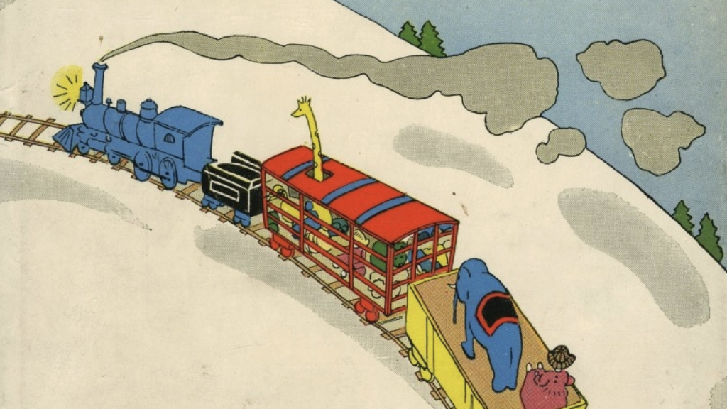 Cover from the 1930 edition of The Little Engine That Could. The Little Blue Engine carries a trainload of toys over the mountain. Public Domain