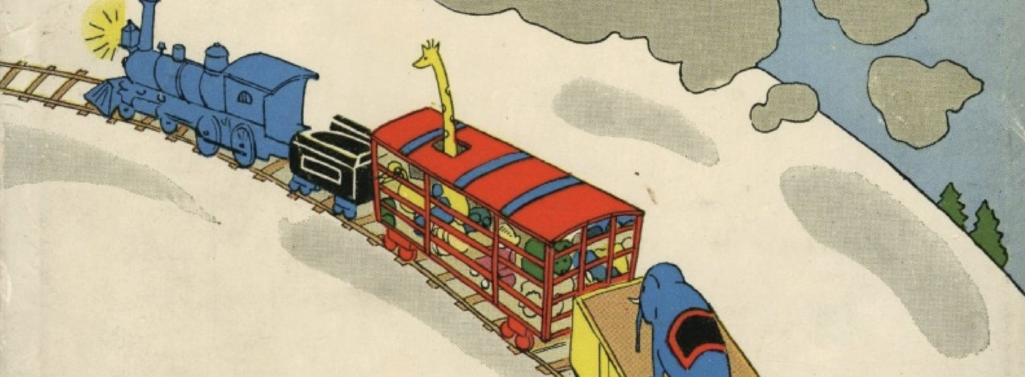 Cover from the 1930 edition of The Little Engine That Could. The Little Blue Engine carries a trainload of toys over the mountain. Public Domain